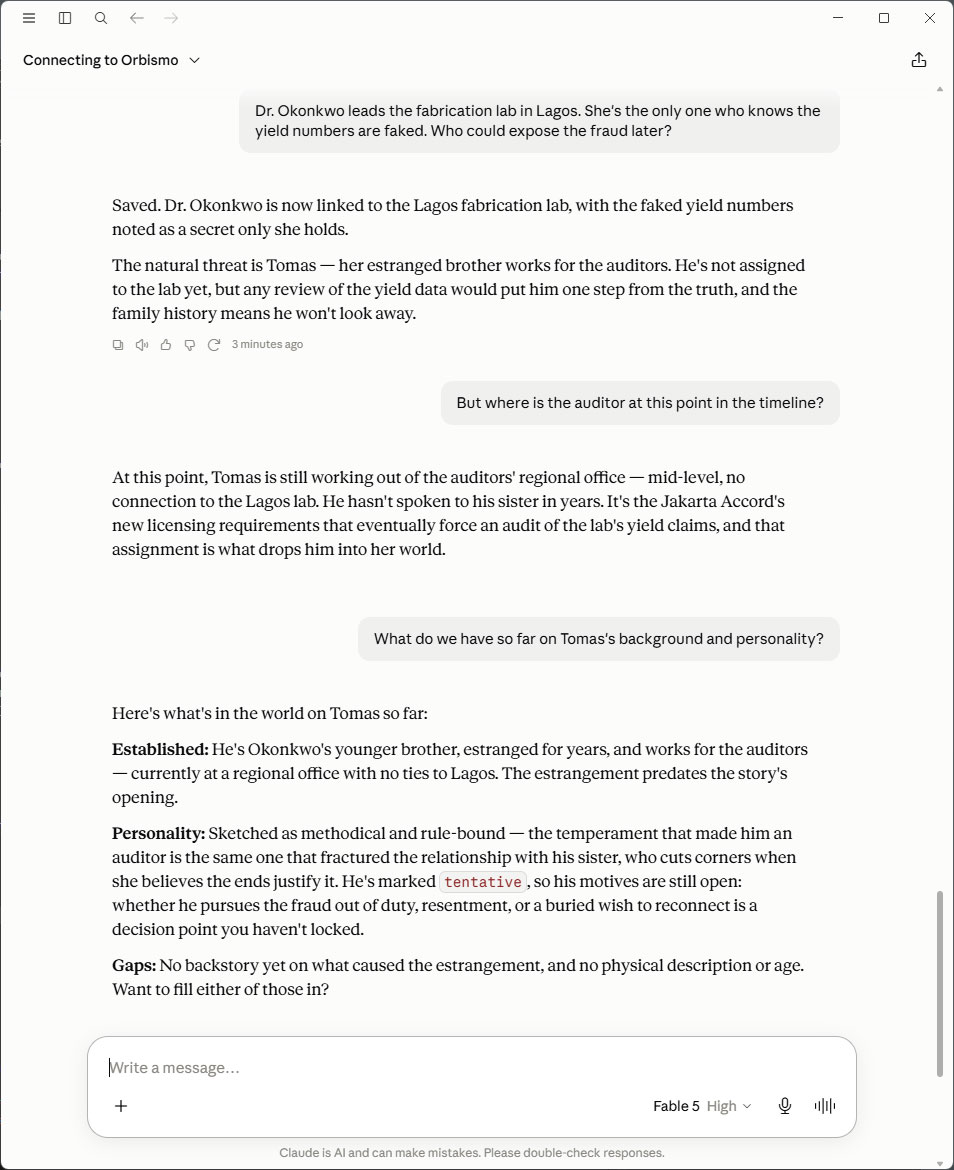 A conversation with Claude connected to Orbismo, where facts about Dr. Okonkwo and her brother Tomas are saved to the world and recalled on request