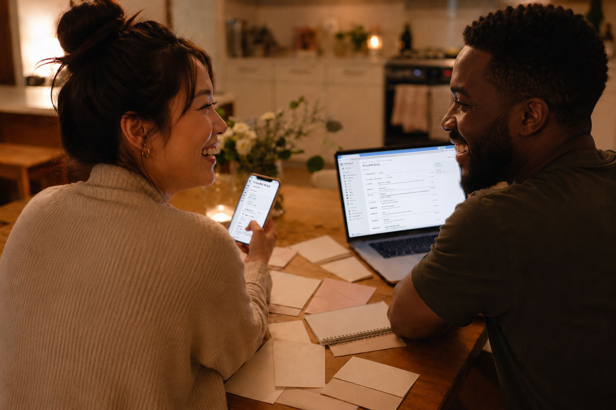 Two people at a kitchen table looking at the same world, one on a phone and one on a laptop