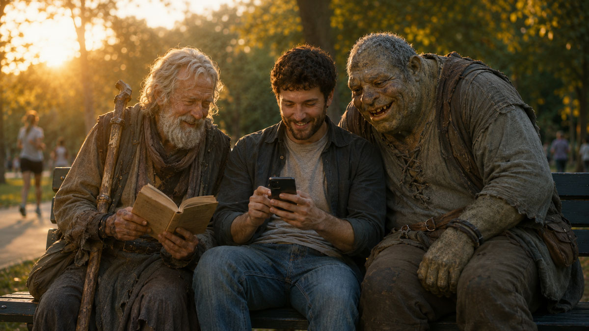 A man relaxes on a park bench texting on his phone while a friendly ogre and a wizard sit beside him like old friends
