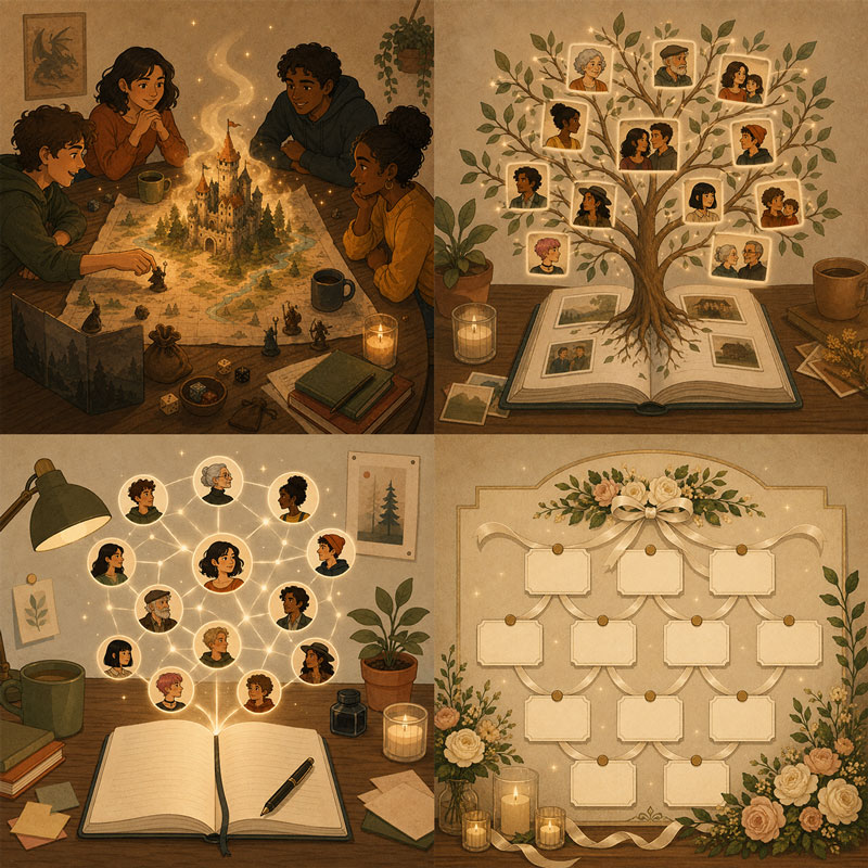Four scenes in one illustration: a novelist's story bible, a tabletop campaign, a wedding plan, and a family tree