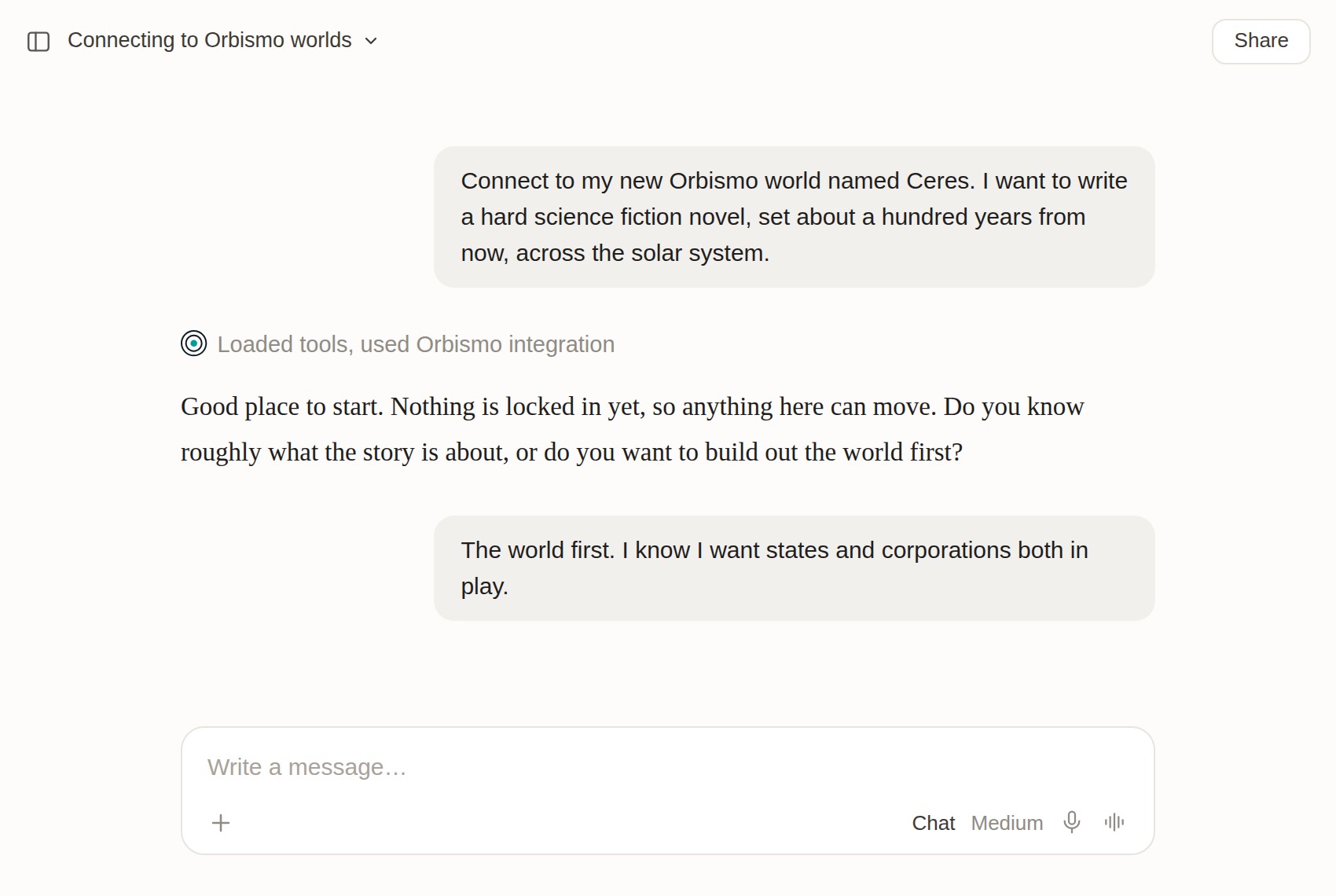 A writer opens a new chat and says one sentence about the novel. The AI answers that nothing is locked in yet and asks whether to start with the story or build out the world first