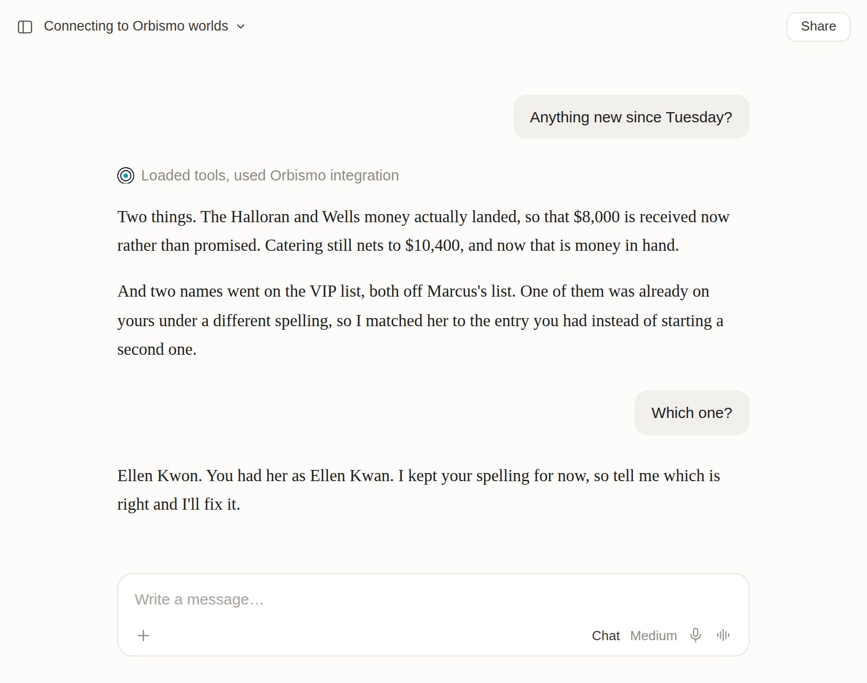 A chat where the events lead asks what is new since Tuesday. The AI reports that the sponsorship now shows as received, so the $8,000 is money in hand and the $10,400 net is confirmed, and that two names were added to the VIP list from the executive director's own list, and one of them was already on the events lead's list under a different spelling, so it was matched to the existing person instead of a second copy being created. The AI says which spelling it kept and asks which one is right