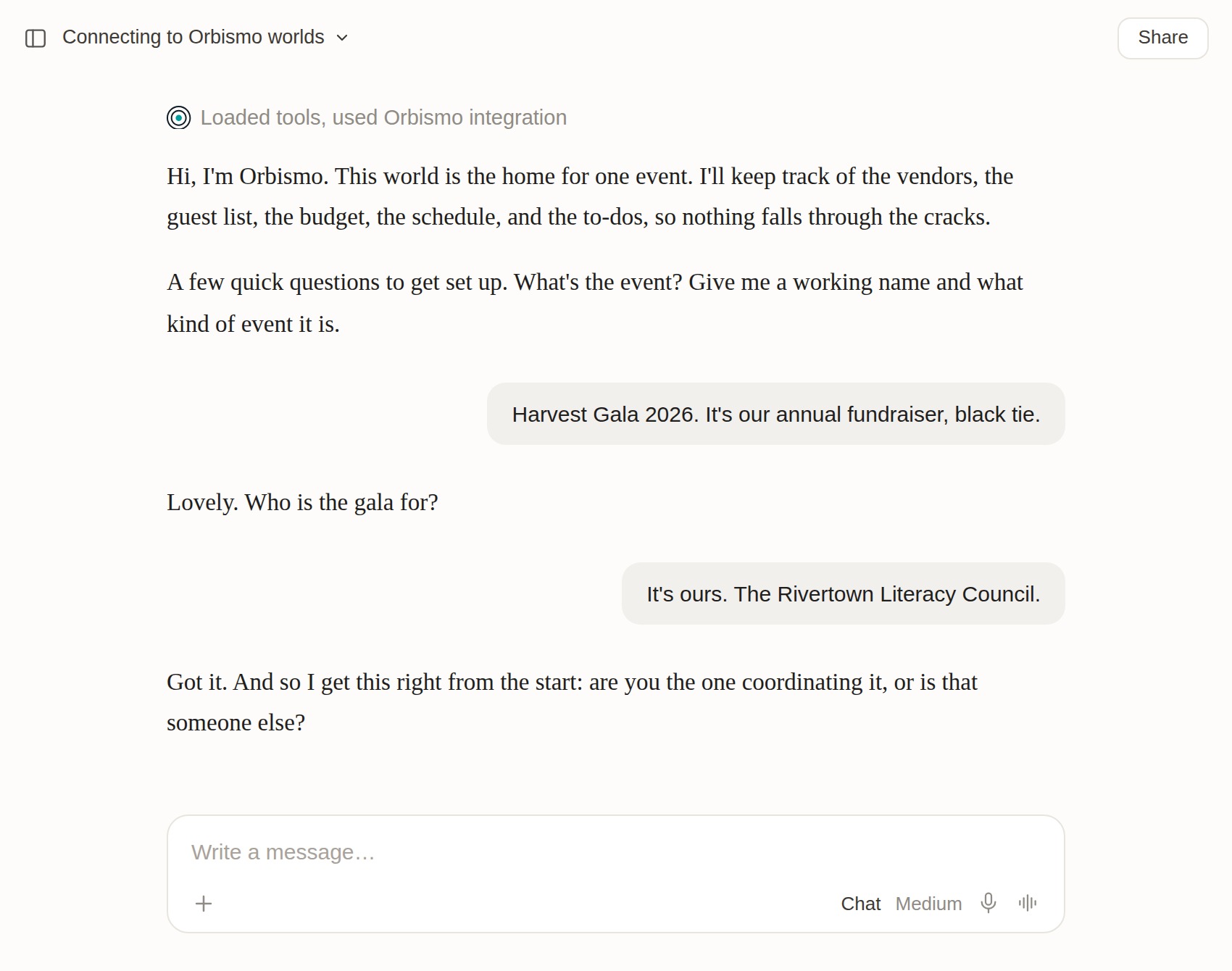 Someone opens a new chat and connects a world for their gala. The AI introduces itself, says it will track the vendors, guest list, budget, schedule and to-dos, then asks for a working name and what kind of event it is. They answer, it asks who the event is for, they answer, and it asks whether they are the one coordinating it or whether that is someone else