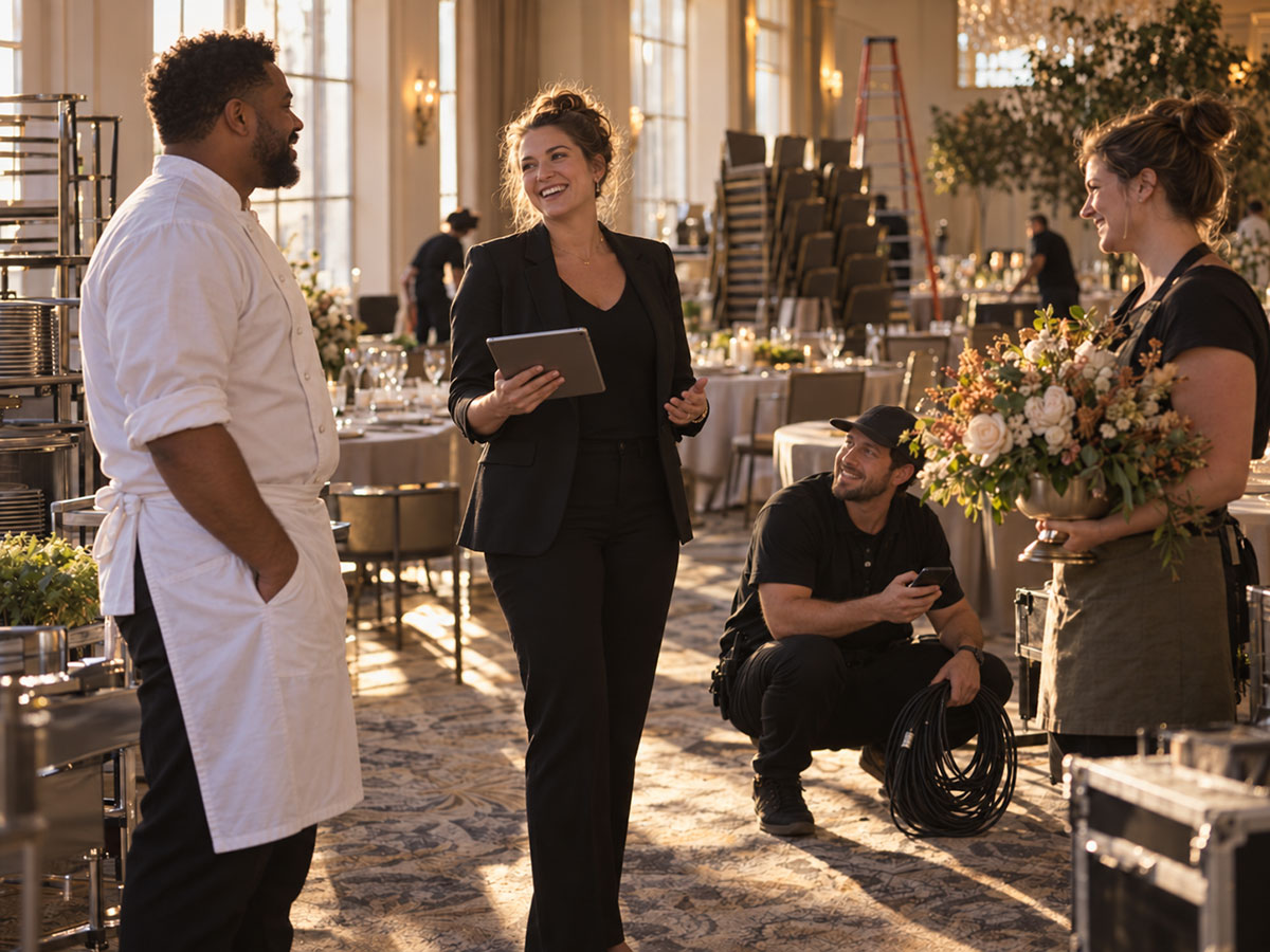 An event planner standing in a half-set ballroom with a tablet, talking easily with three colleagues around her: a caterer in a chef's coat, an AV technician coiling cable, and a florist holding a finished centerpiece