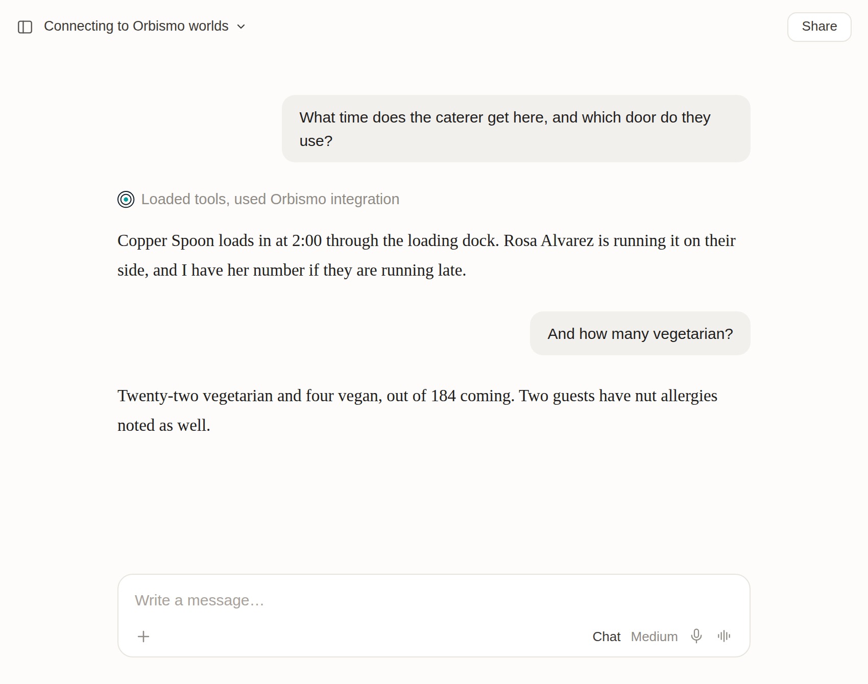 A volunteer on their phone, in a new chat, asks what time the caterer gets here and which door they use. The AI answers that Copper Spoon loads in at 2:00 through the loading dock, that Rosa Alvarez is running it on their side, and that it has her number if they are late. The volunteer asks how many vegetarian, and the AI answers with the vegetarian and vegan counts and the two nut allergies from the notes