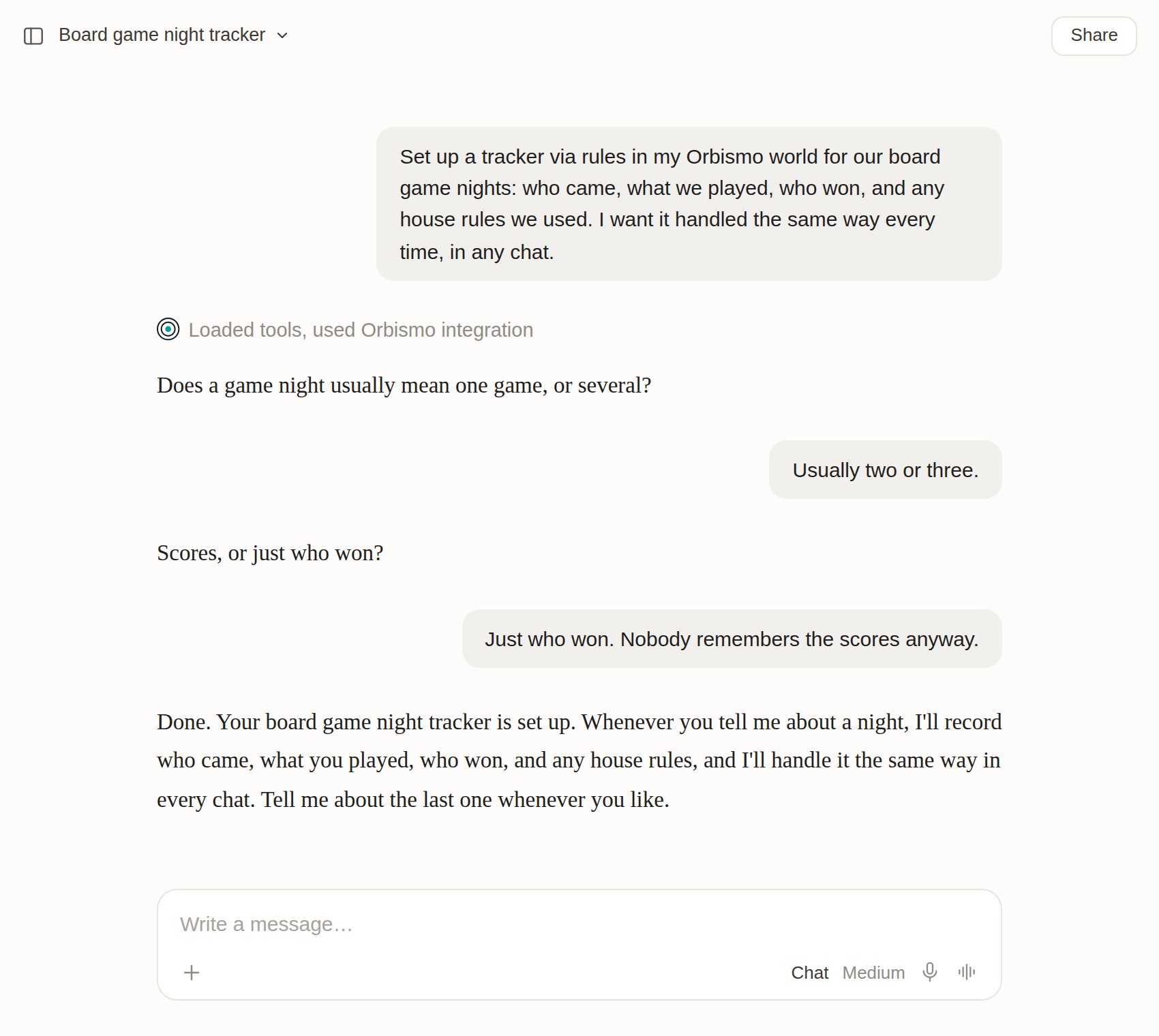 A chat where someone asks their AI to set up a board game night tracker, answers two short questions, and is told it is ready