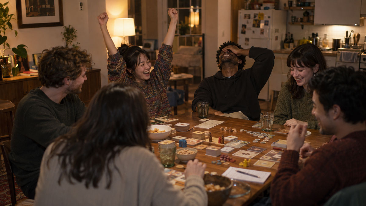 Six friends around a kitchen table mid board game, cards and wooden pieces everywhere, one of them laughing with both hands up in victory while another leans back in mock despair