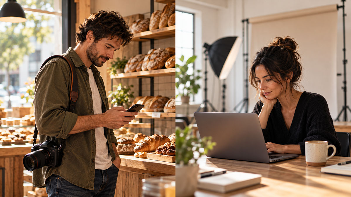 A photographer on a shoot in a bakery checks their phone while, at the same moment, their partner works on a laptop back at the studio